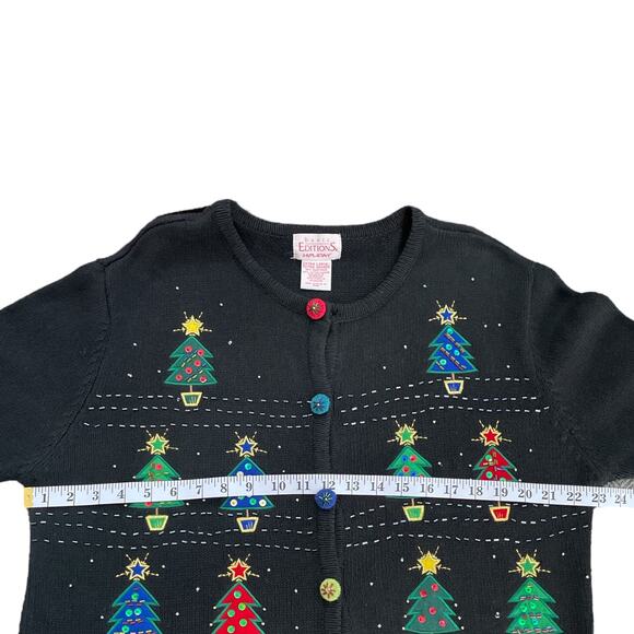 Basic Editions Christmas Cardigan Sweater Black Festive Tree Embroidered XL - Picture 8 of 9